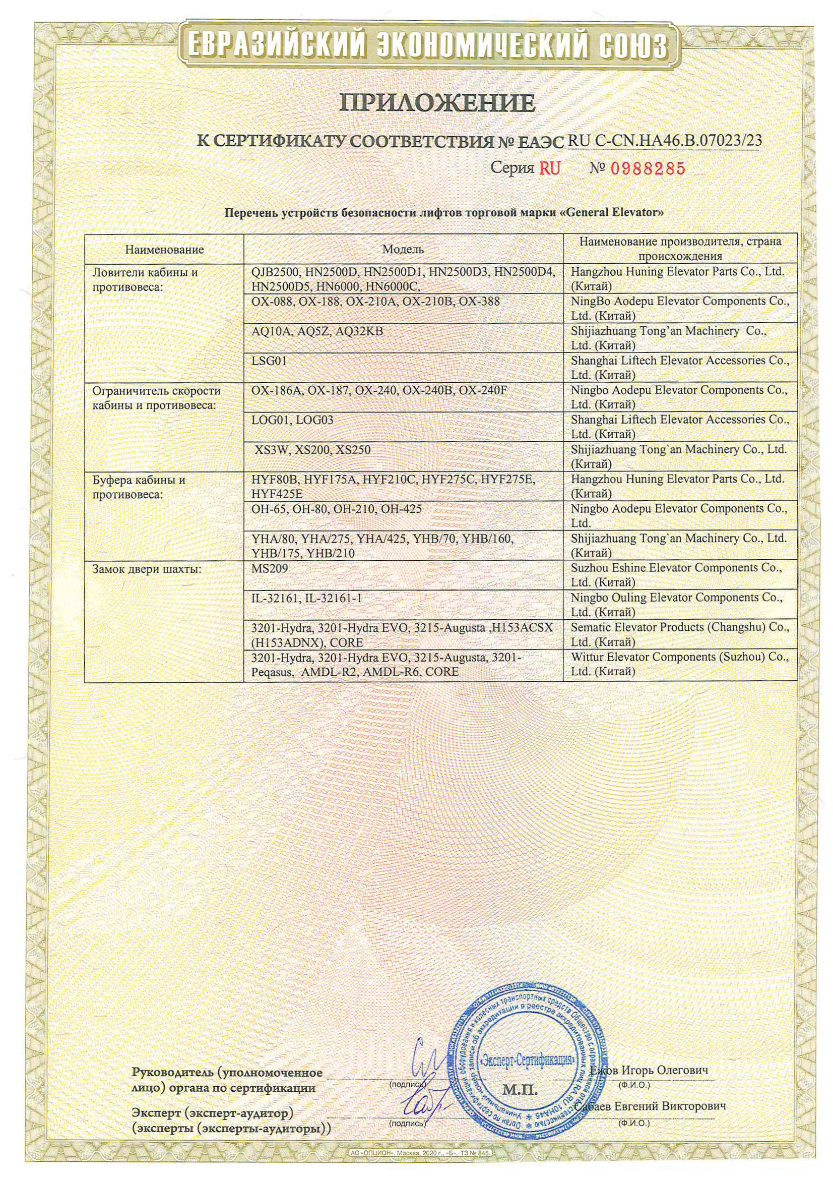 Сертификаты GENERAL ELEVATOR RUS LLC